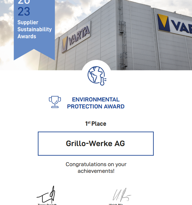 Grillo gewinnt den VARTA Supplier Sustainability Award 2023